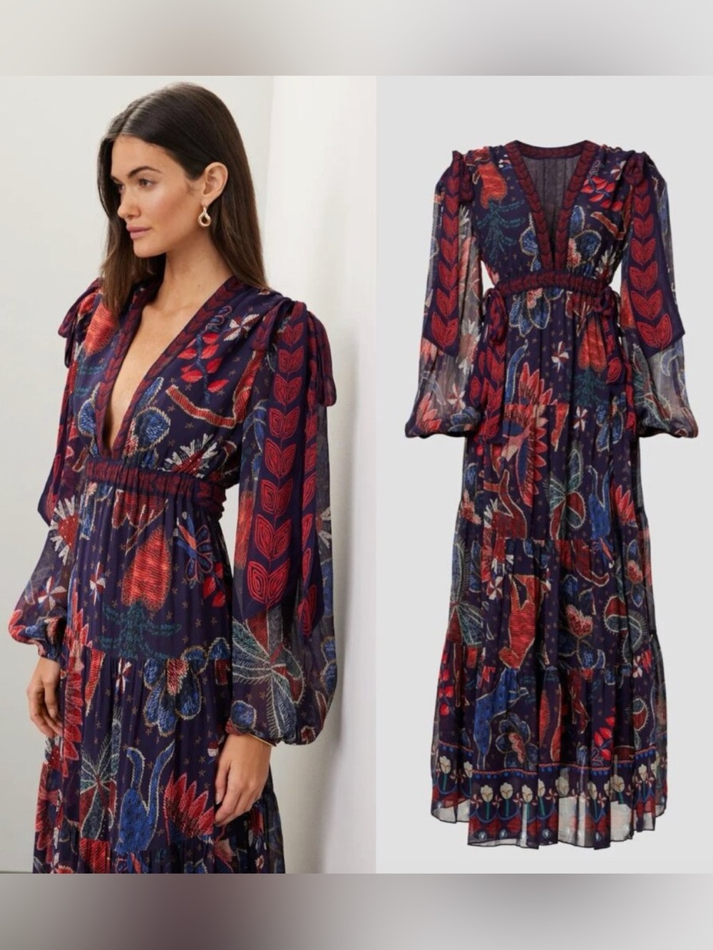 Farm Rio Tropical Shine Maxi Dress Blue & Red Print long Sleeve Boho Size Medium - Picture 3 of 8